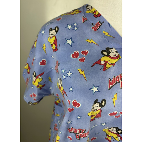 ✨2/$20 Mighty Mouse Cartoon Graphic Nurse CNA V-Neck Scrub Top Blue Size Large - Picture 11 of 16